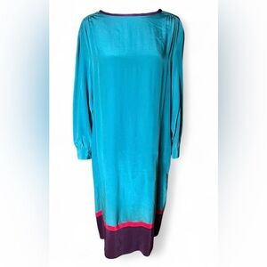 Casi 100% Silk Dress Size L Retro Teal Long Sleeve Midi Pink & Purple Accent